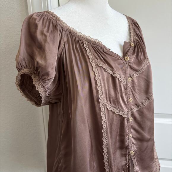 By Anthropologie Short Sleeve Silky Peasant Top M Coquette Prairie Cottage-core - Picture 3 of 13
